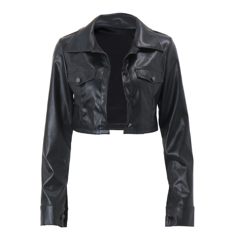 Maillard Style Personality Lapel Breasted Navel PU Leather Cardigan Coat