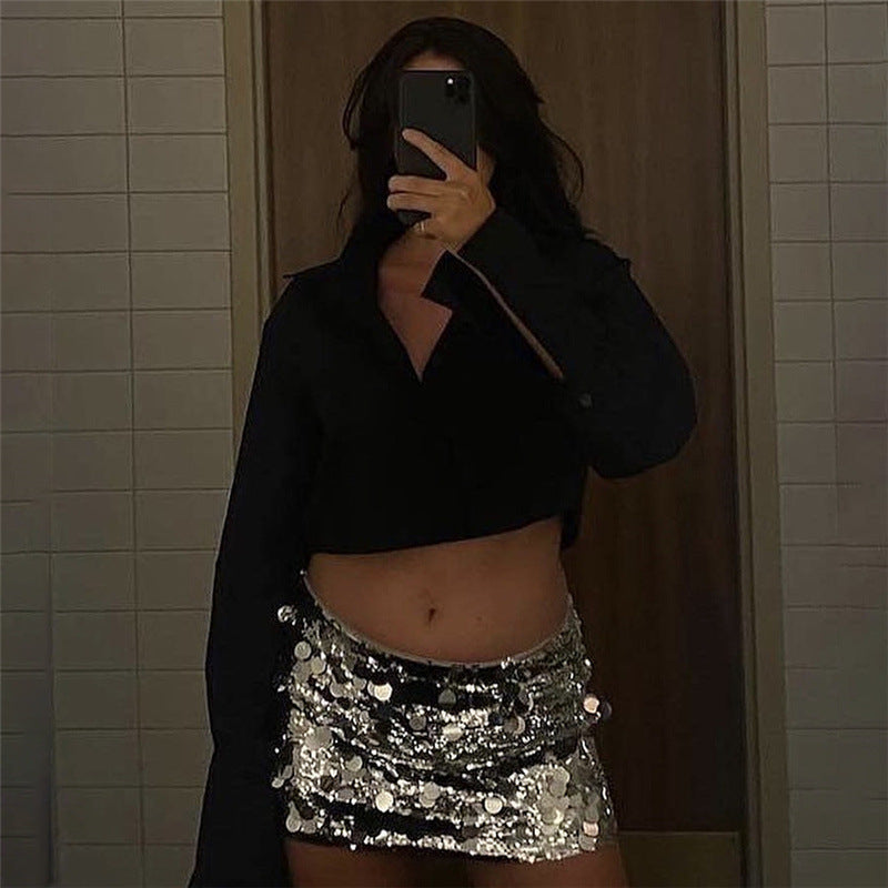 Queen Reflective Sequined High Waist Hip Skirt