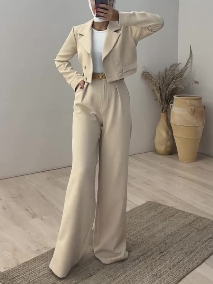 Solid Color Short Blazer & High Waist Pants Set