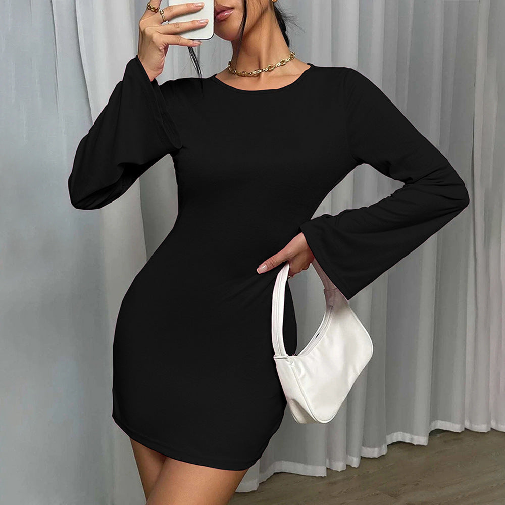 European And American Women's Clothing New Sexy Backless Round Neck Pullover Bell Sleeve Hip Skirt Long Sleeve Dress