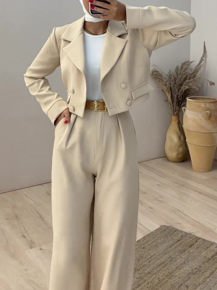 Solid Color Short Blazer & High Waist Pants Set